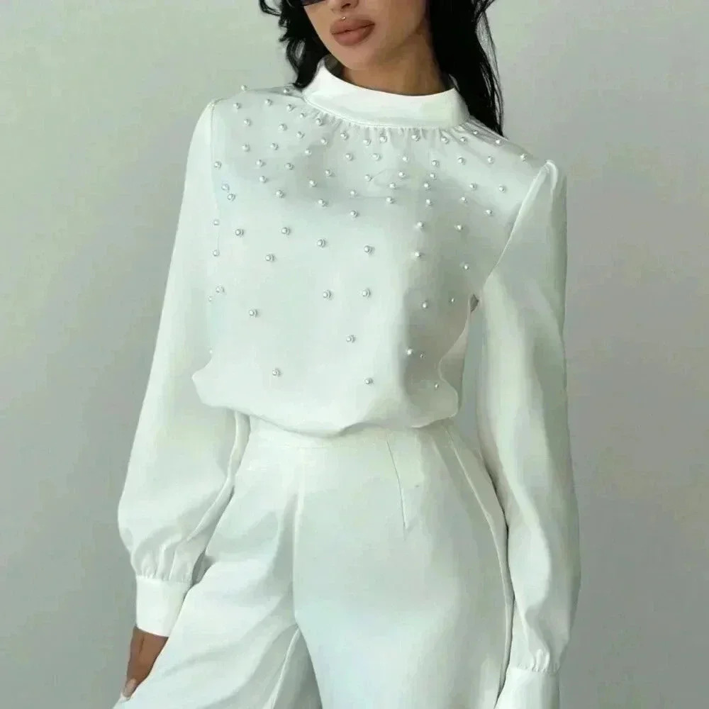 White Elegant Women's Romantic Pearl detailed Ruched Long Sleeve Blouse